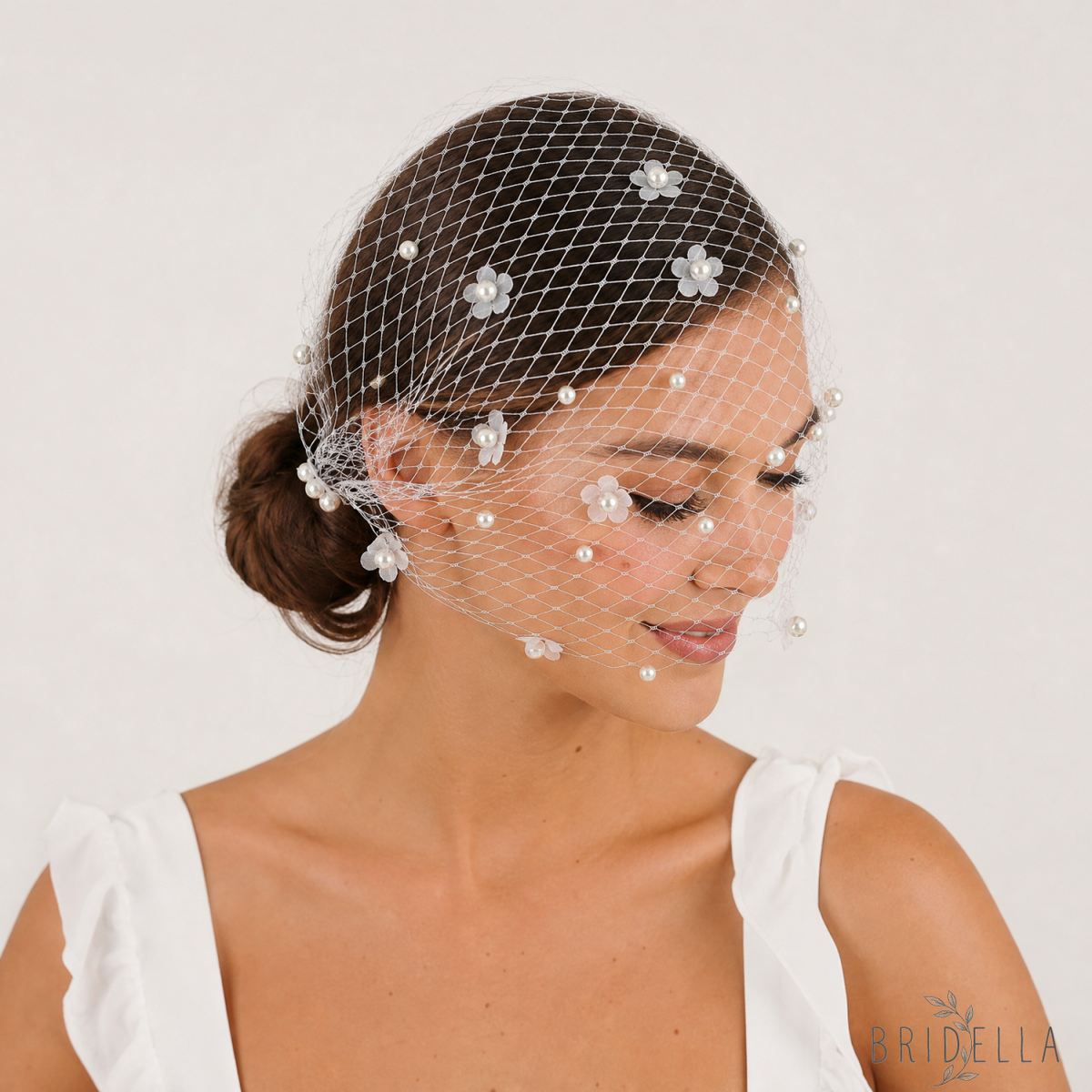 White Pearl Mesh Bridal Hair Comb Veil Short for Wedding - Bridella BVA15-W - IVONY - face veil