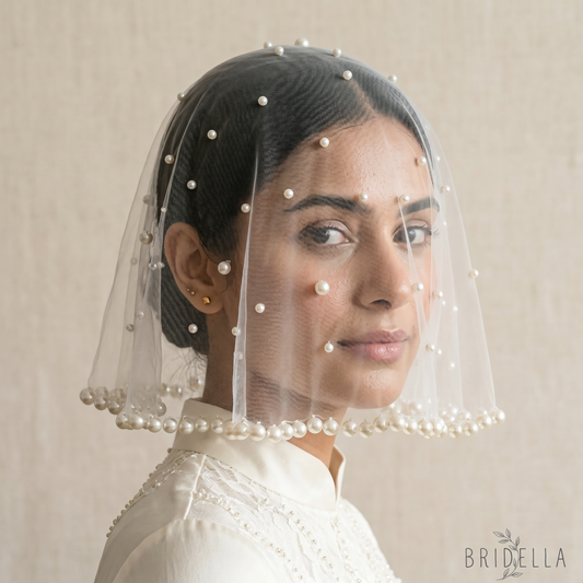 White Pearl Mesh Bridal Hair Comb Veil Short for Wedding - Bridella VA10-I - IVONY - face veil