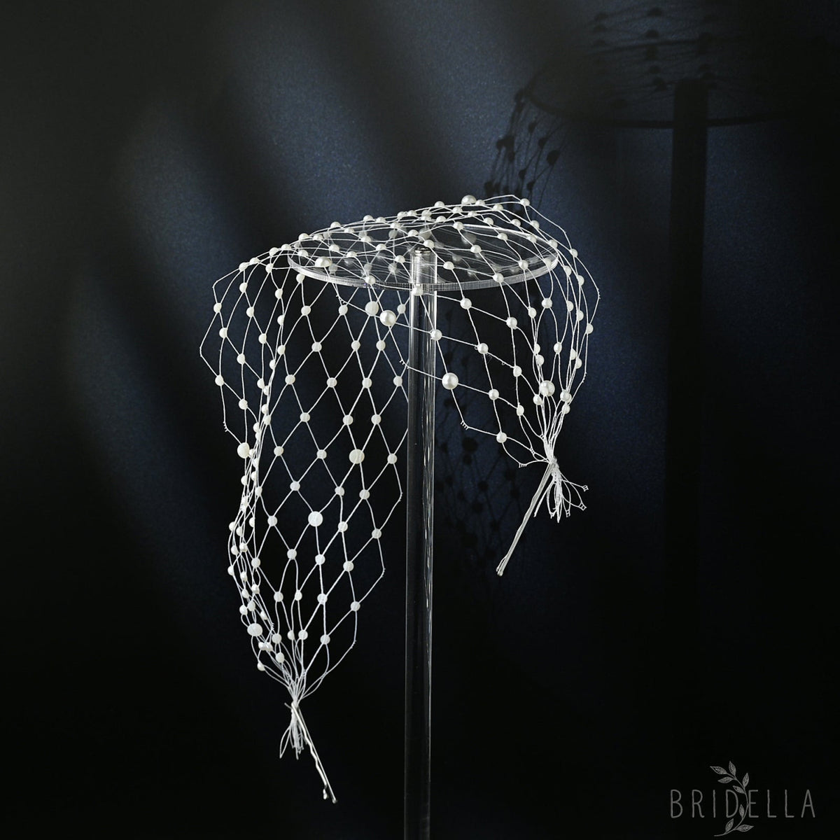 White Pearl Mesh Bridal Tiara Wedding Headpiece - Bridella BMA52 - face veil