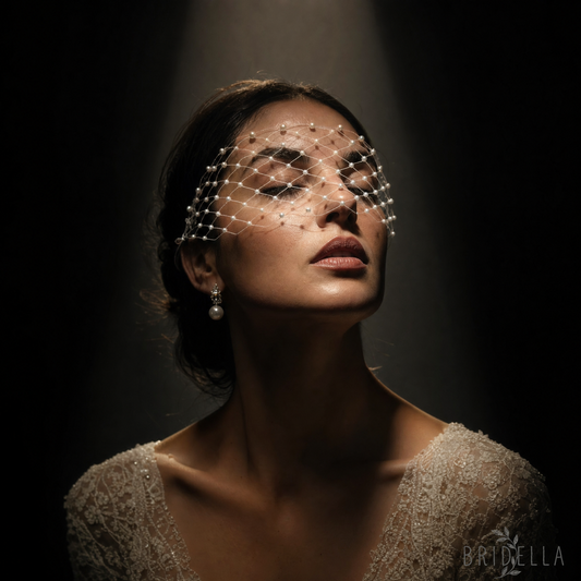 White Pearl Mesh Bridal Tiara Wedding Headpiece - Bridella BMA52 - face veil