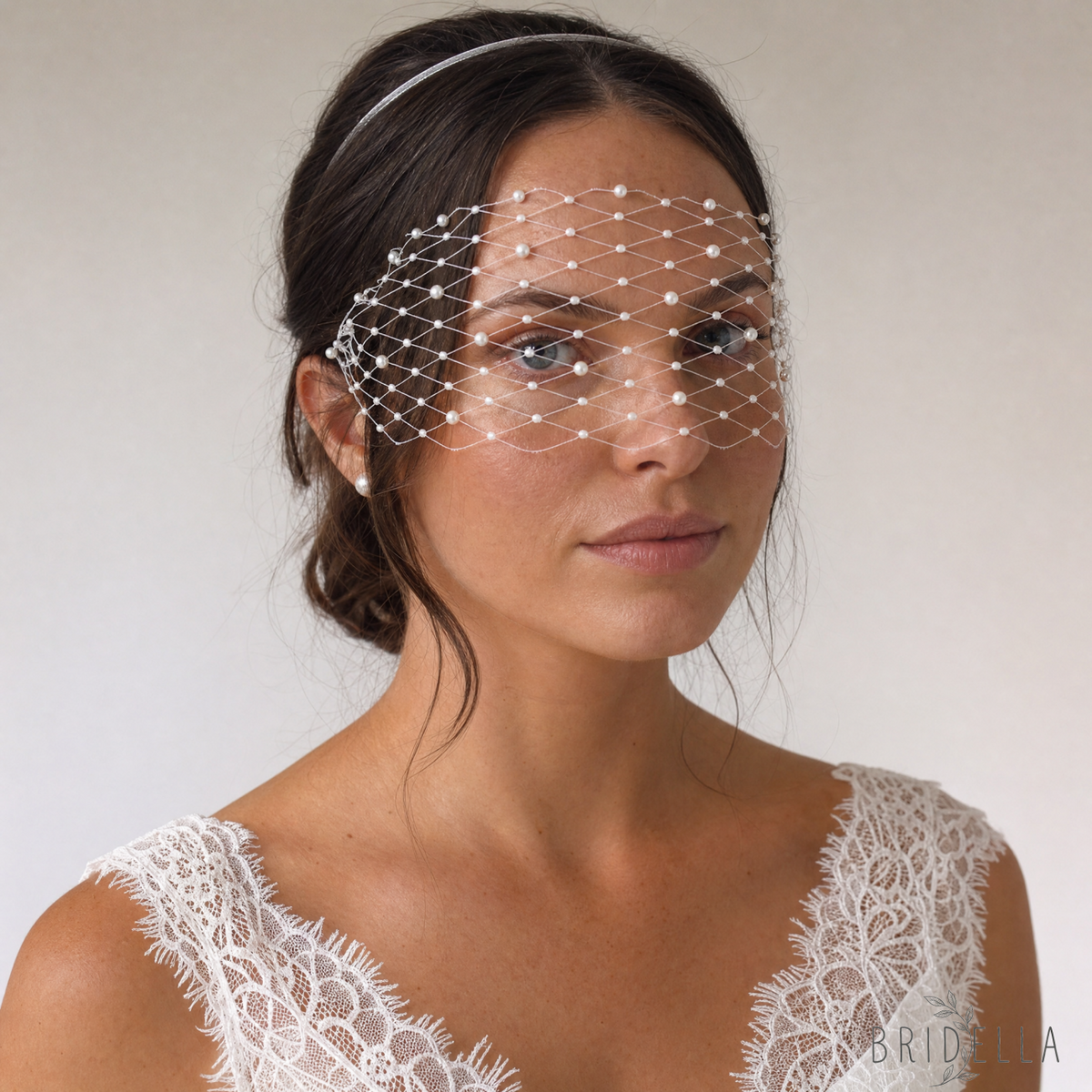 White Pearl Mesh Bridal Tiara Wedding Headpiece - Bridella BMA52 - face veil