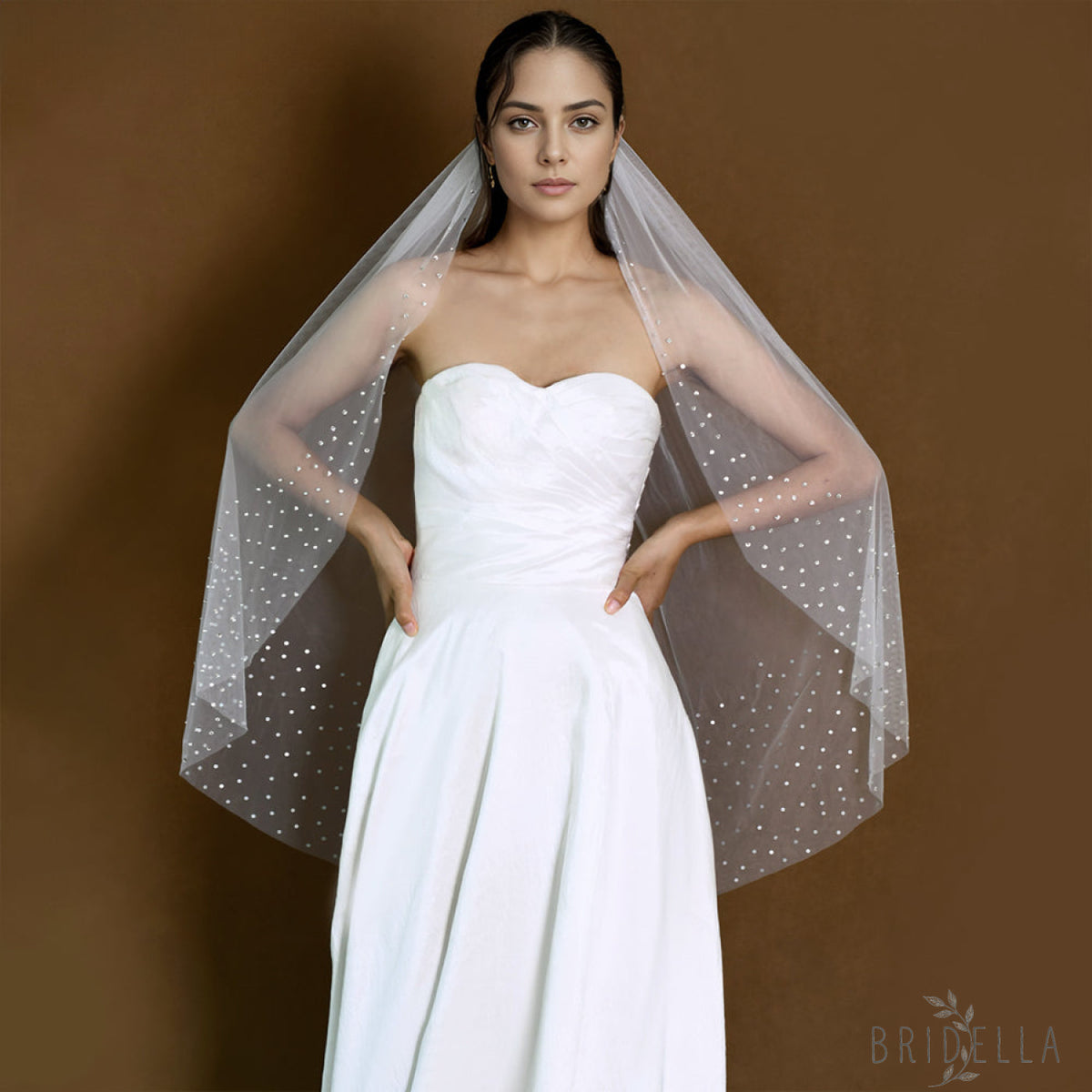 M119-I white rhinestone mesh veil