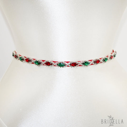 Wine Red Rhinestone Bridal Belt Adjustable Waist Sash Bridella BS189 - Red - Blets