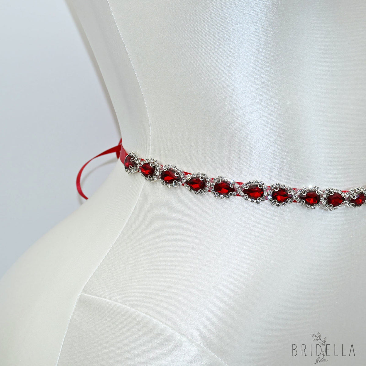 Wine Red Rhinestone Bridal Belt Adjustable Waist Sash Bridella BS190R - Red - Belts