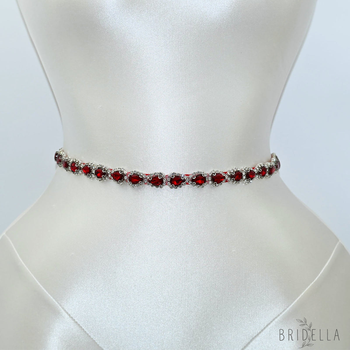 Wine Red Rhinestone Bridal Belt Adjustable Waist Sash Bridella BS190R - Red - Belts