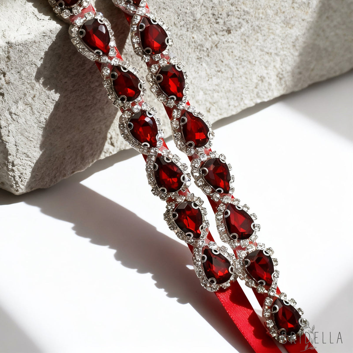 Wine Red Rhinestone Bridal Belt Adjustable Waist Sash Bridella BS190R - Red - Belts