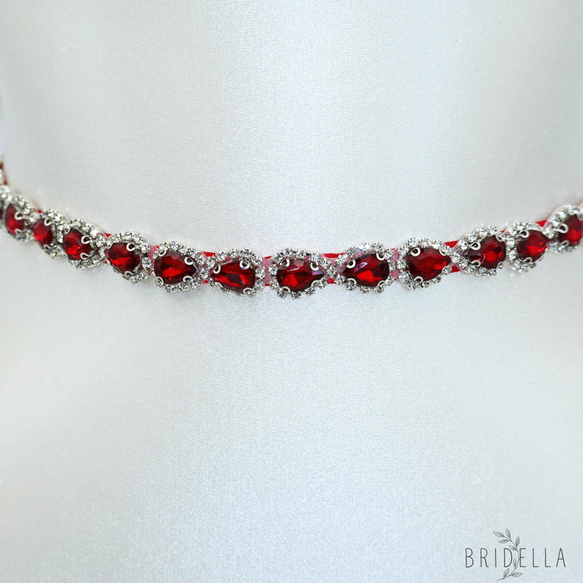 Wine Red Rhinestone Bridal Belt Adjustable Waist Sash Bridella BS190R - Red - Belts