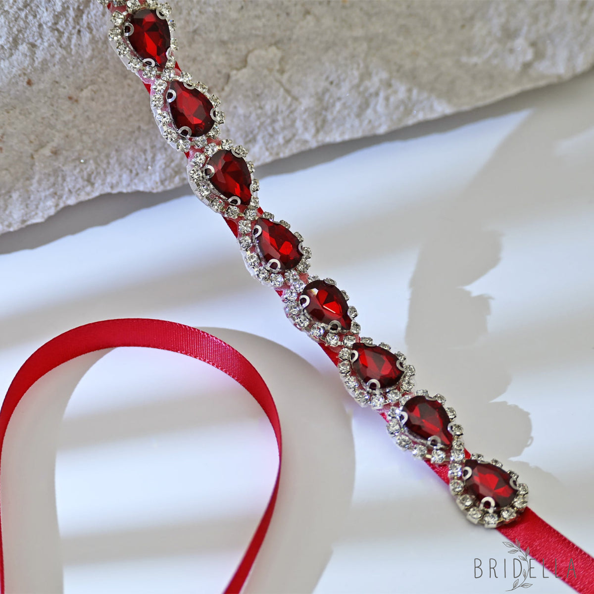 Wine Red Rhinestone Bridal Belt Adjustable Waist Sash Bridella BS190R - Red - Belts