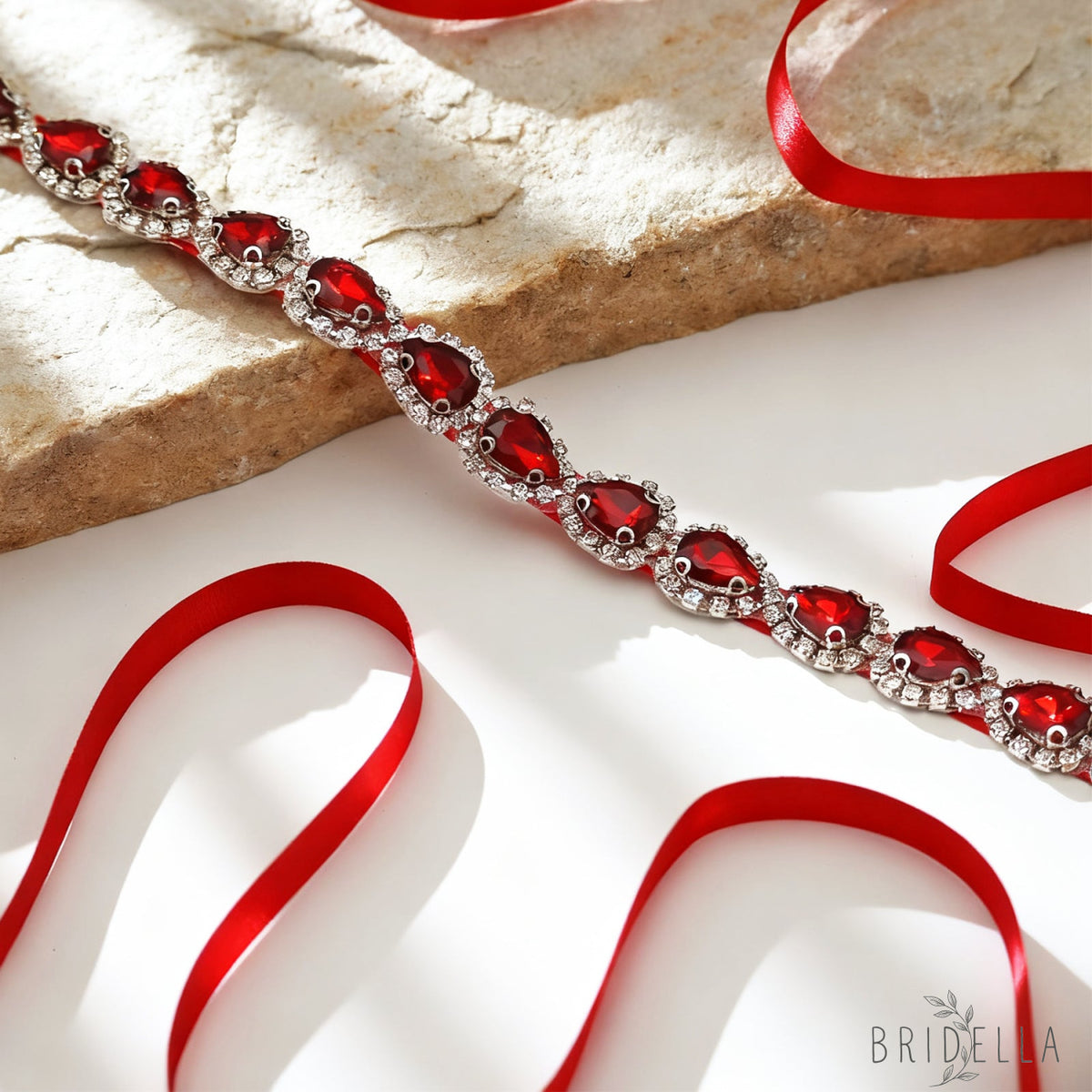 Wine Red Rhinestone Bridal Belt Adjustable Waist Sash Bridella BS190R - Red - Belts