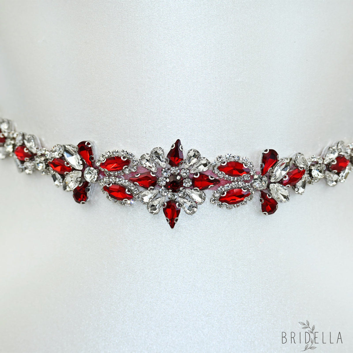 Wine Red Rhinestone Bridal Sash Wedding Dress Belt – Bridella BS167R - Red - Belts