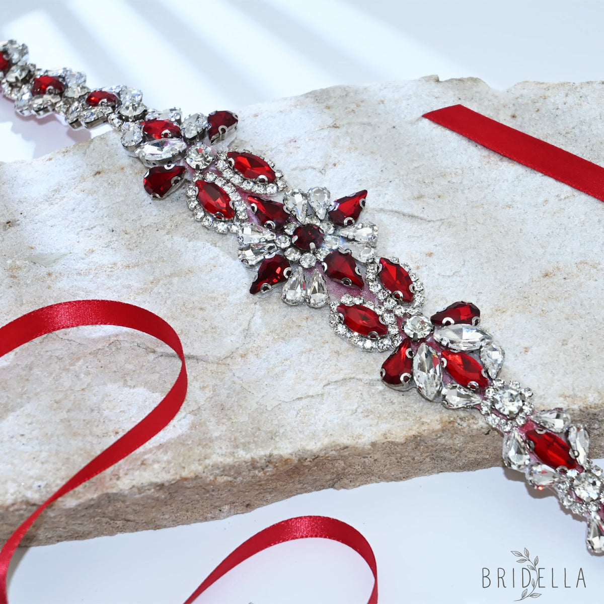 Wine Red Rhinestone Bridal Sash Wedding Dress Belt – Bridella BS167R - Red - Belts