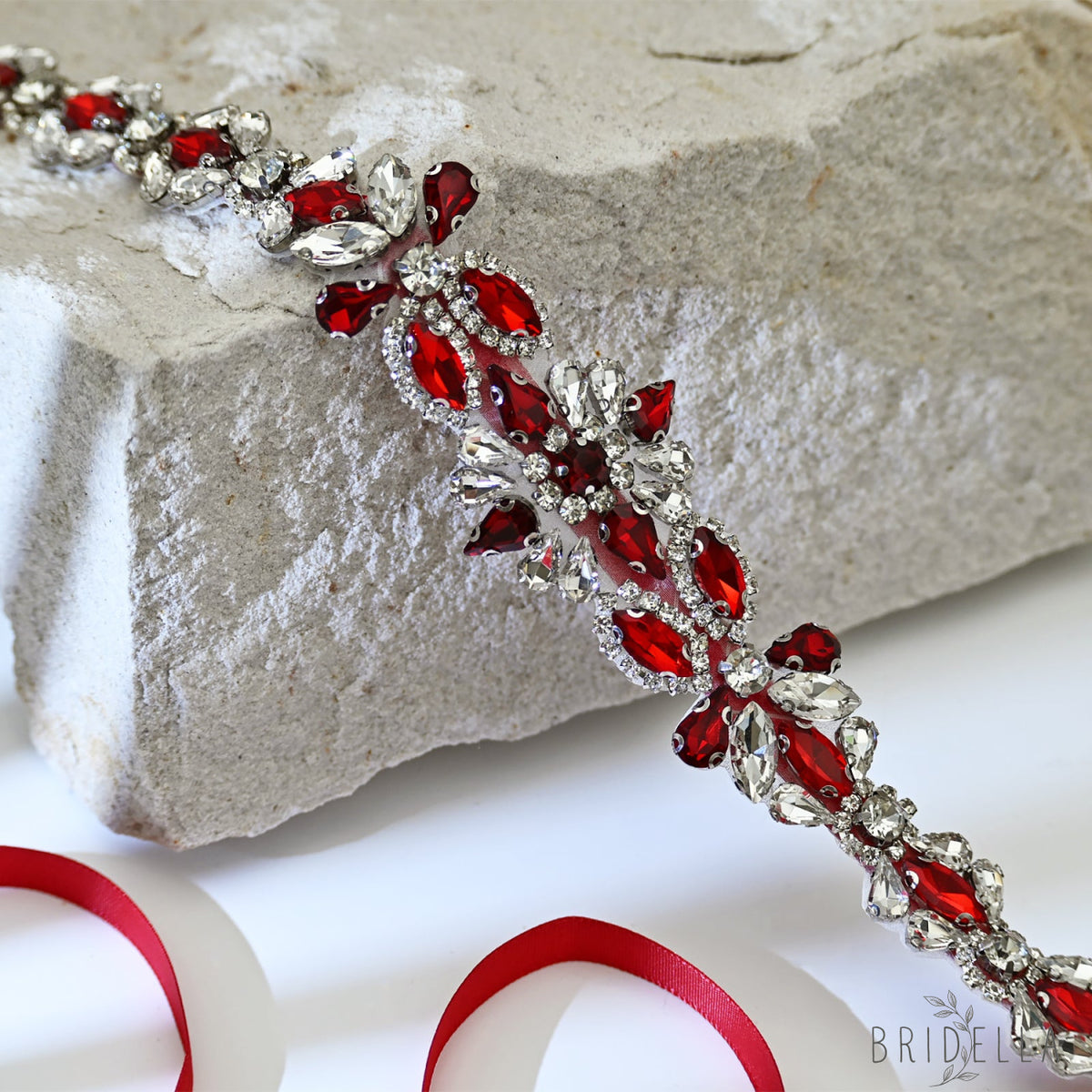 Wine Red Rhinestone Bridal Sash Wedding Dress Belt – Bridella BS167R - Red - Belts